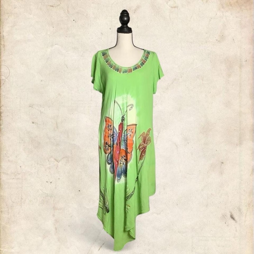 Asymmetrical Green Dress with Butterfly Design